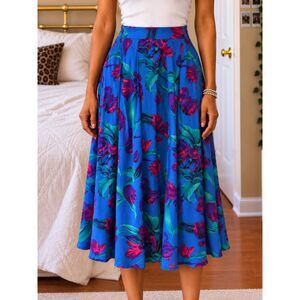 Vtg Greenwich Square Blue Floral Pleated Midi Skirt Rayon Retro Maximalist